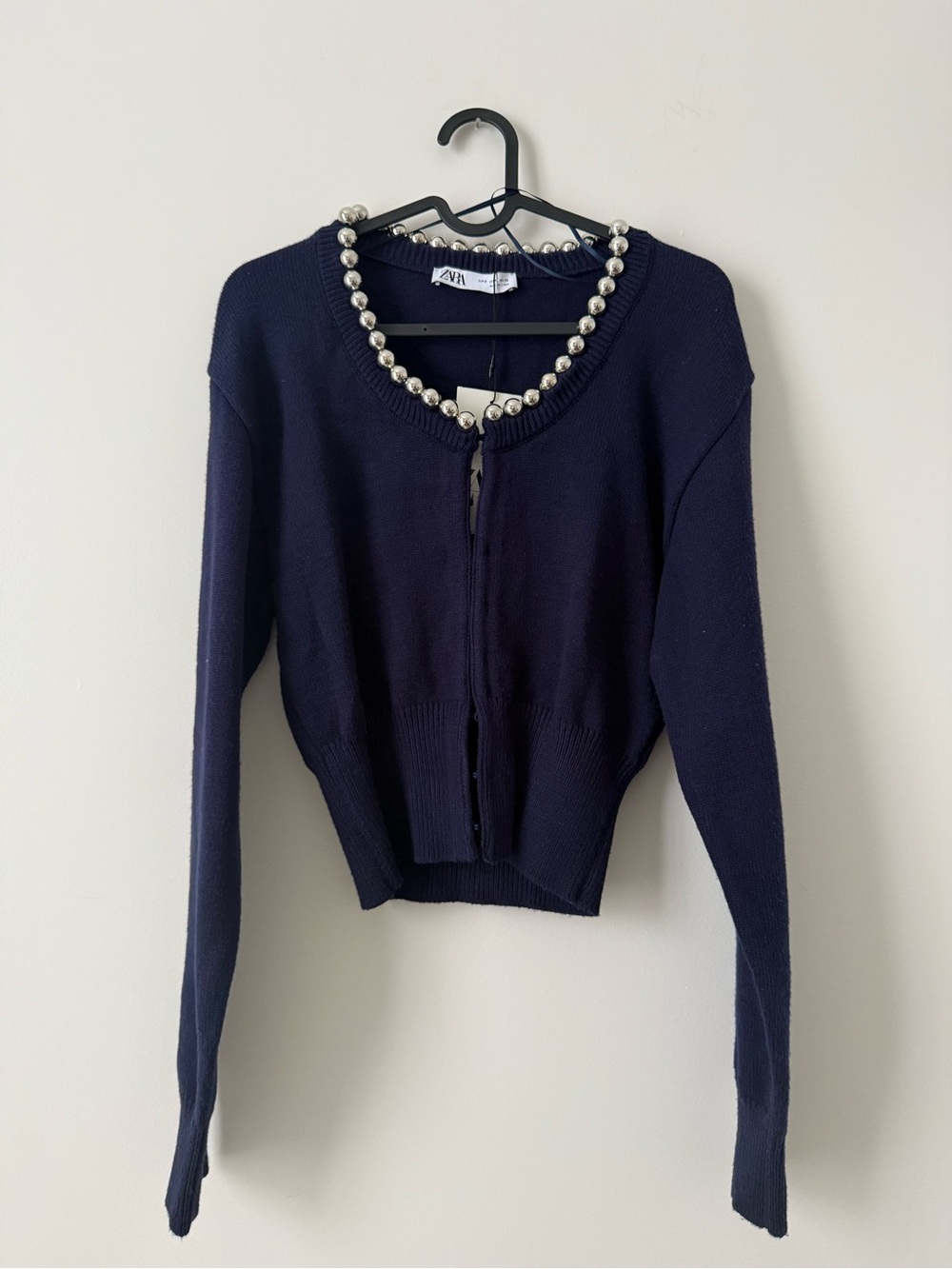 ZARA Navy Cropped Cardigan with Pearl Trim